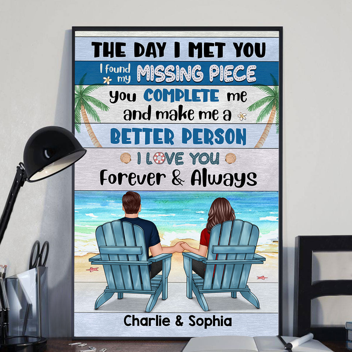 Couple Sitting Blue Pallete Beach Personalized Vertical Poster