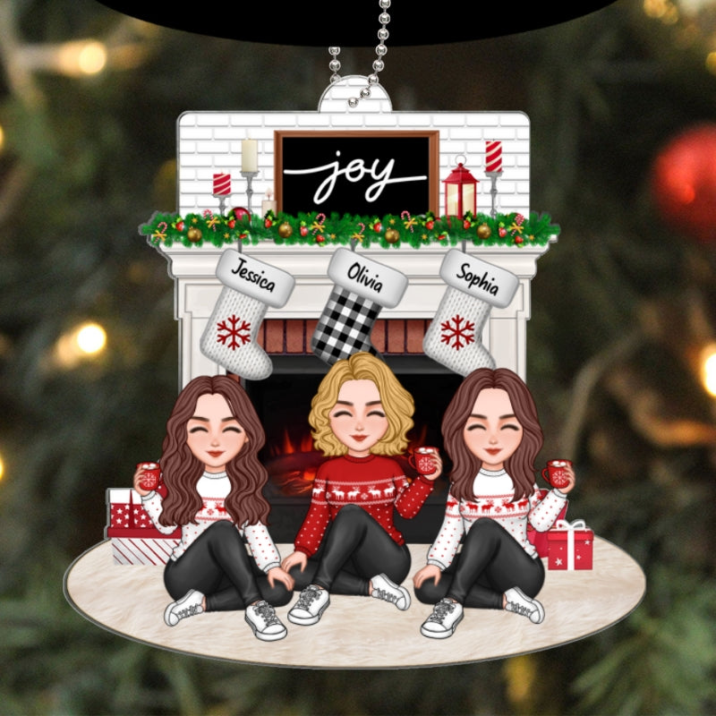 Cute Besties Sisters Sitting At Christmas Fireplace Gift For Best Friends Sisters Personalized Acrylic Ornament