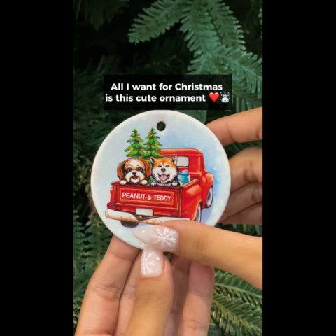 Peeking Dogs Red Truck Christmas Personalized Circle Ornament