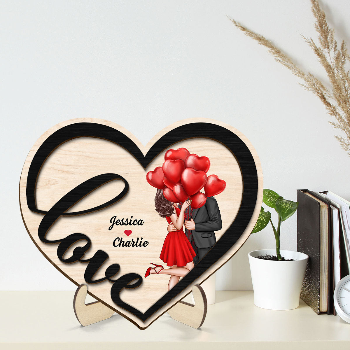 Couple Love Heart Elegant Kissing Personalized 2-layer Wooden Plaque