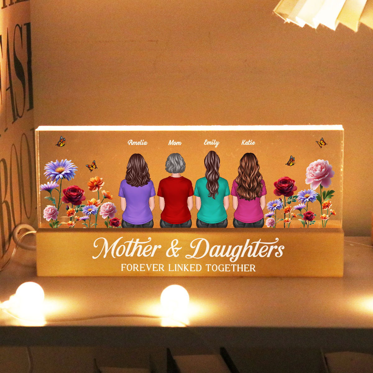 Mother & Daughters Sons Forever Linked Together 3D Effect Birth Month Flowers Personalized Acrylic Block LED Night Light