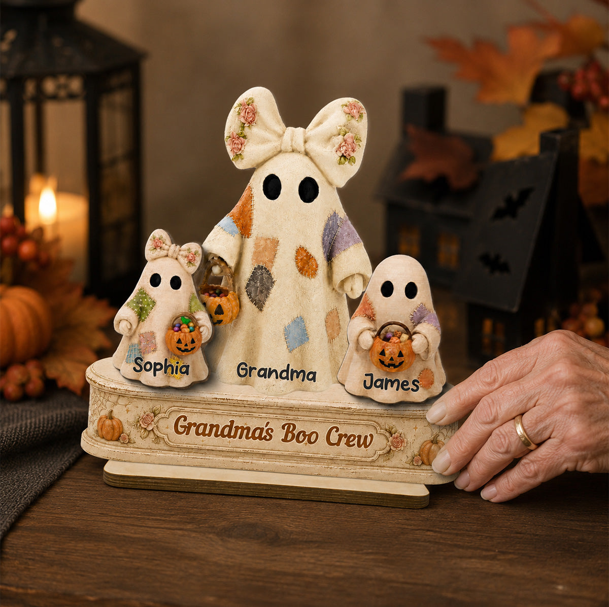 Grandma's Boo Crew Patchwork Style Ghosts 2D Flat - Personalized 2-Layered Wooden Plaque - Fall Season Halloween Decor For Grandma