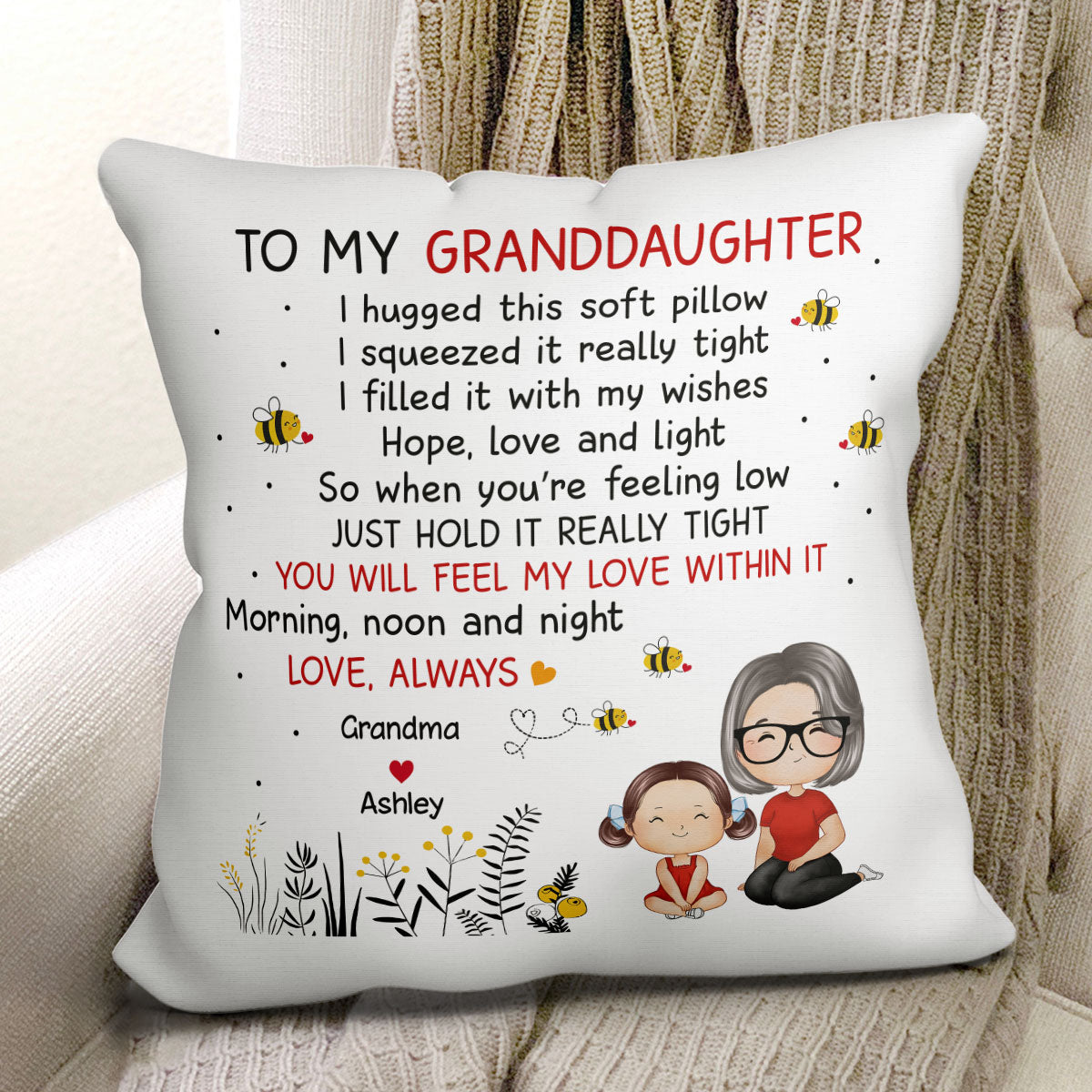 To Granddaughter Grandson From Grandma Doll Watercolor Style Personalized Pillow