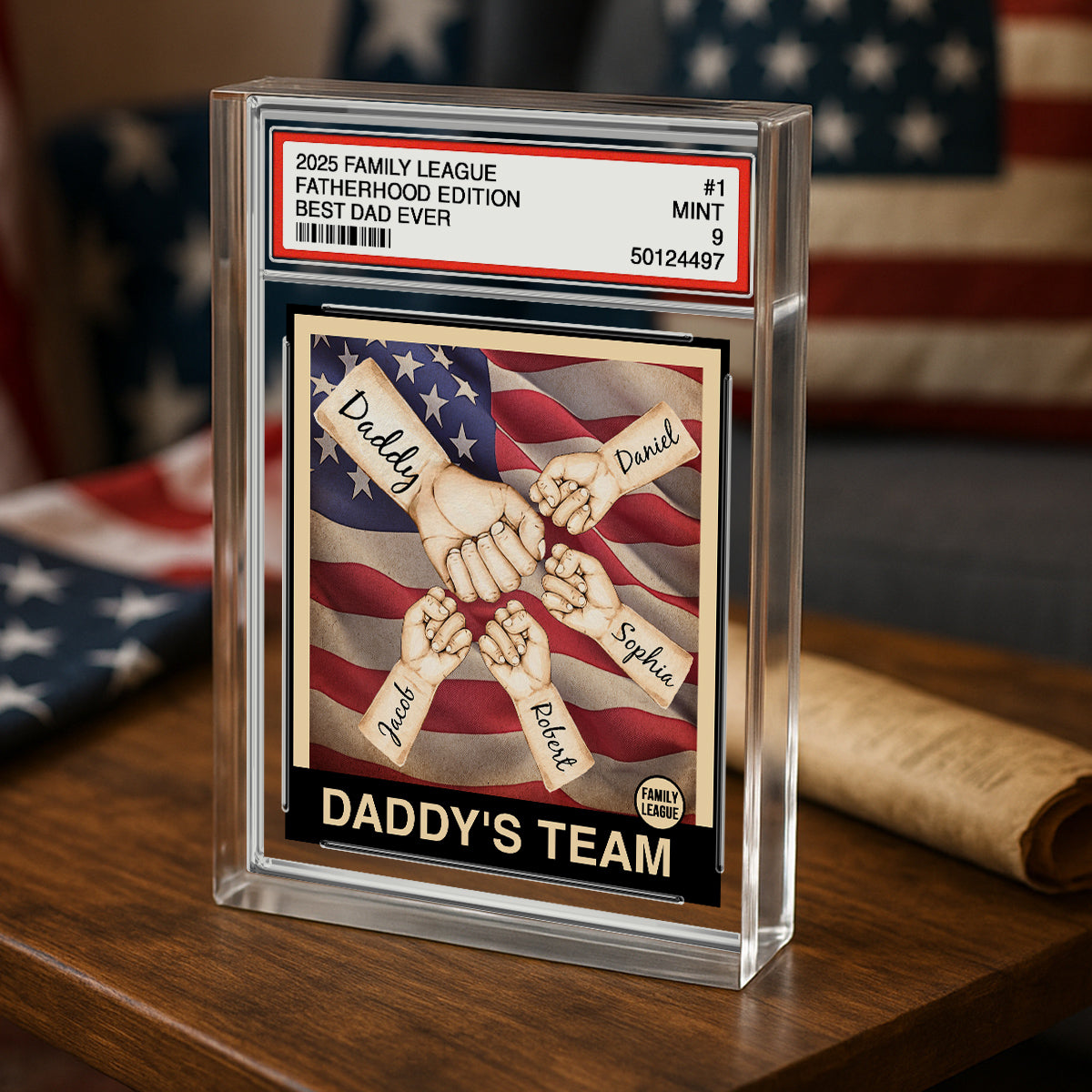 Daddy's Team Dad & Kids Fist Bumps Trading Card Style Personalized Acrylic Block Plaque
