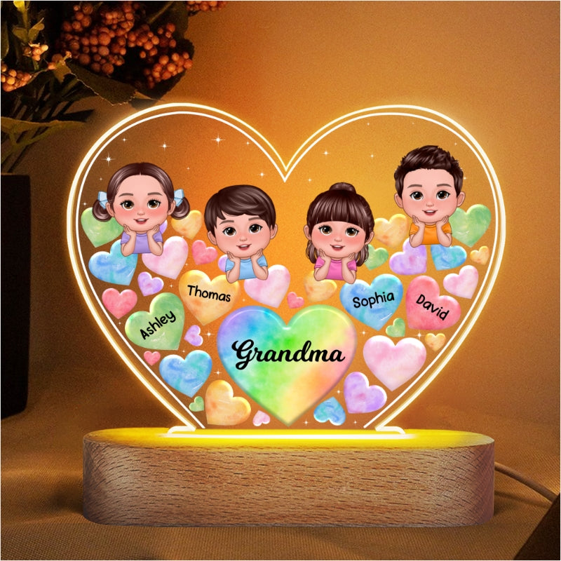 Kids Chin On Hand Hearts In Heart Gift For Mom Grandma Personalized Heart Acrylic LED Night Light