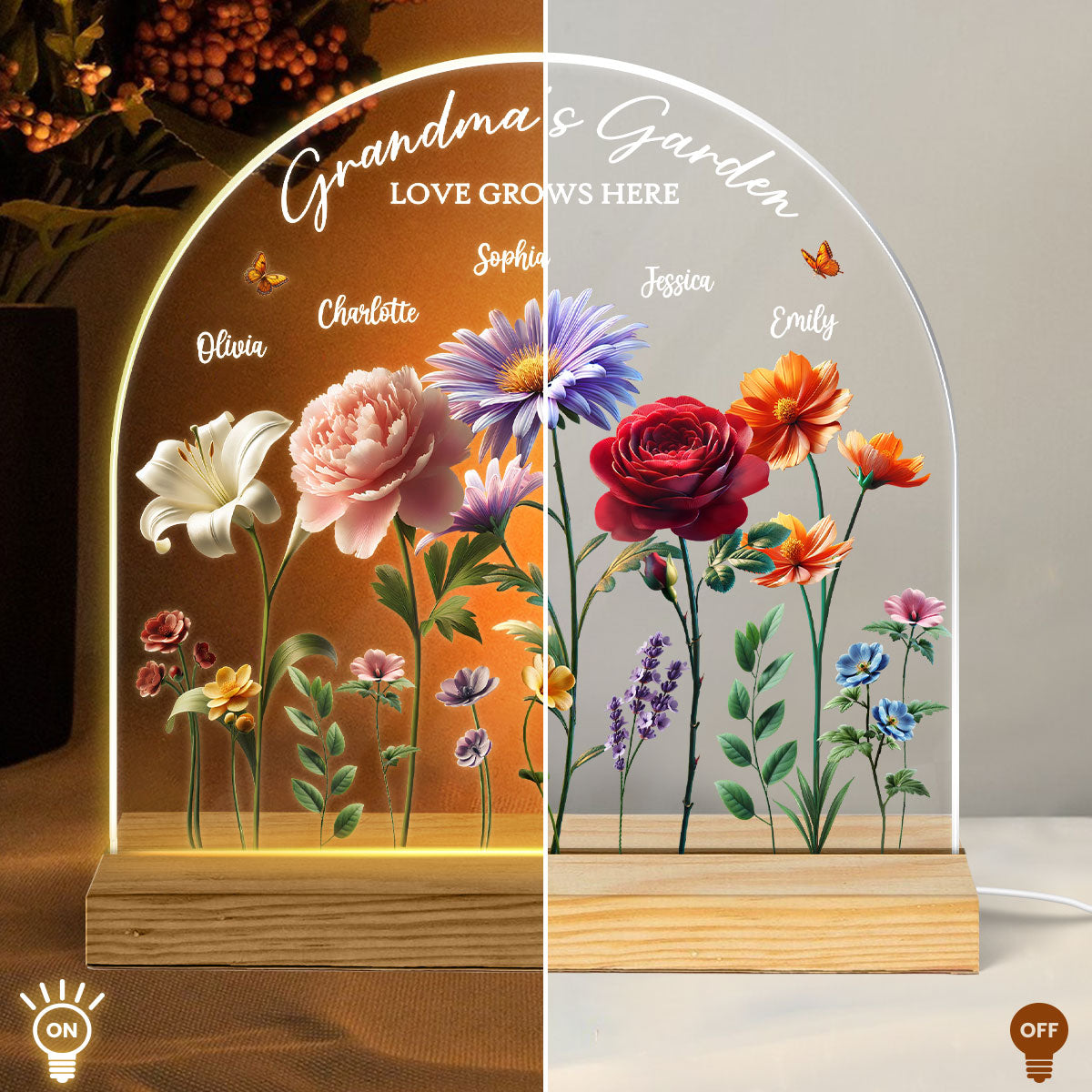 Grandma's Garden 3D Effect Birth Month Flowers Personalized Custom Shape Acrylic Warm LED Night Light