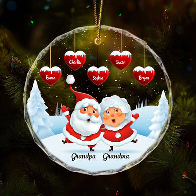 Papa Nana Claus Hearts Kids Names Personalized Glass Ornament