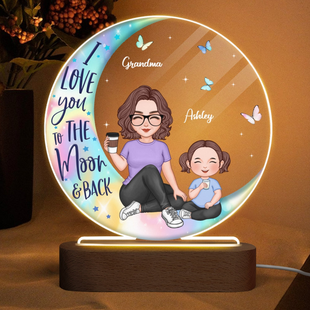 Colorful Cute Grandma & Grandkid Sitting I Love You To The Moon And Back Gift For Granddaughter Grandson Personalized Circle Acrylic Plaque LED Night Light