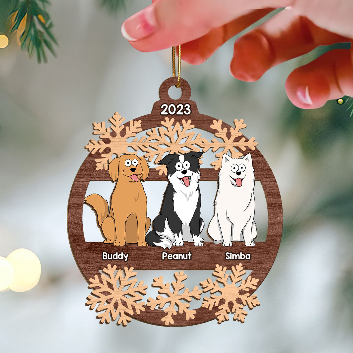 Snowflake Funny Cartoon Dogs Sitting Personalized Christmas Wooden Ornament