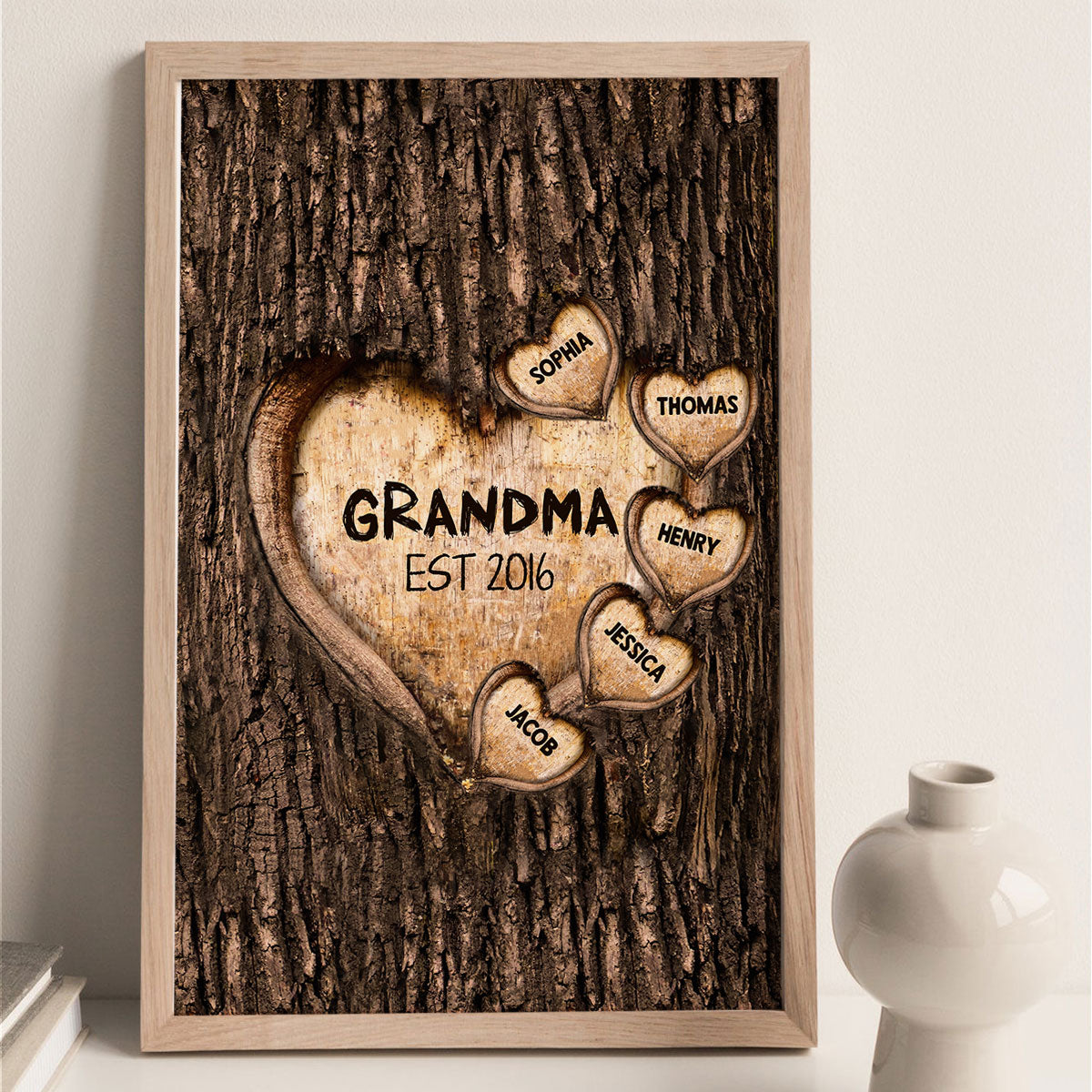 Grandma Mom Hearts Engraved Tree Personalized Vertical Poster