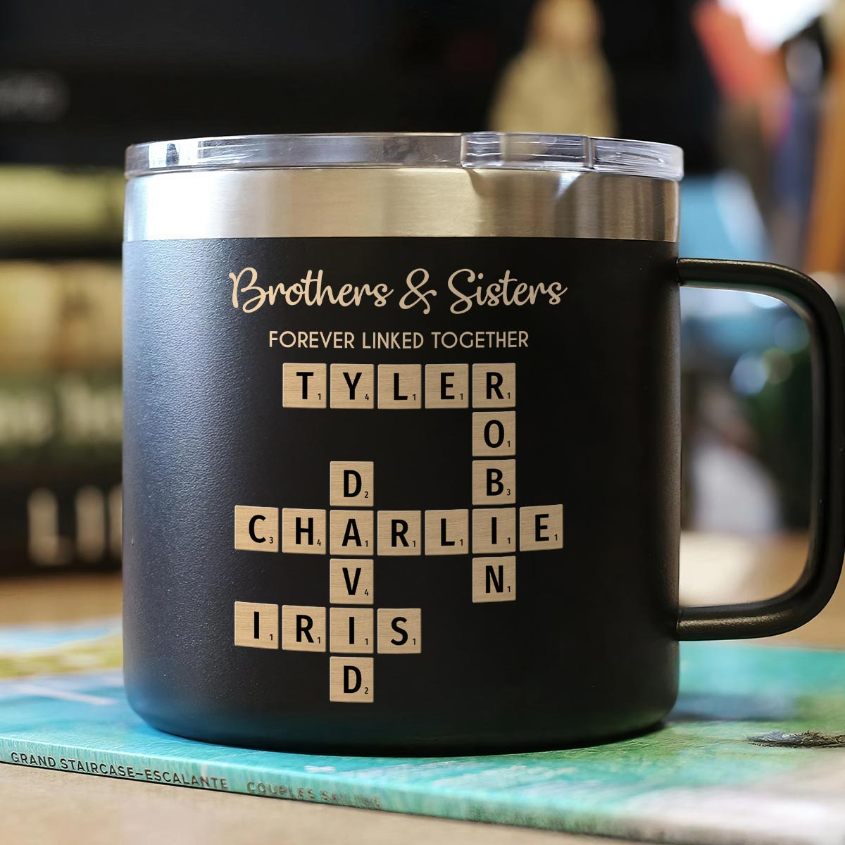 Brothers & Sisters Forever Linked Together Crossword Puzzle Art Personalized Stainless Steel Tumbler With Handle