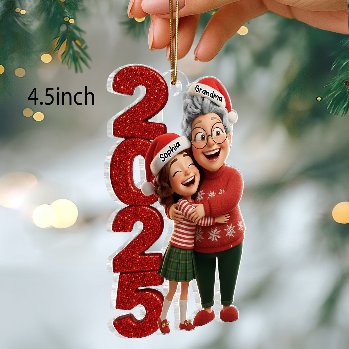 3D Glitter Effect Happy Grandma Hugging Grandkid 2025 - Personalized Acrylic Ornament - Christmas Gift for Grandma, Grandkid