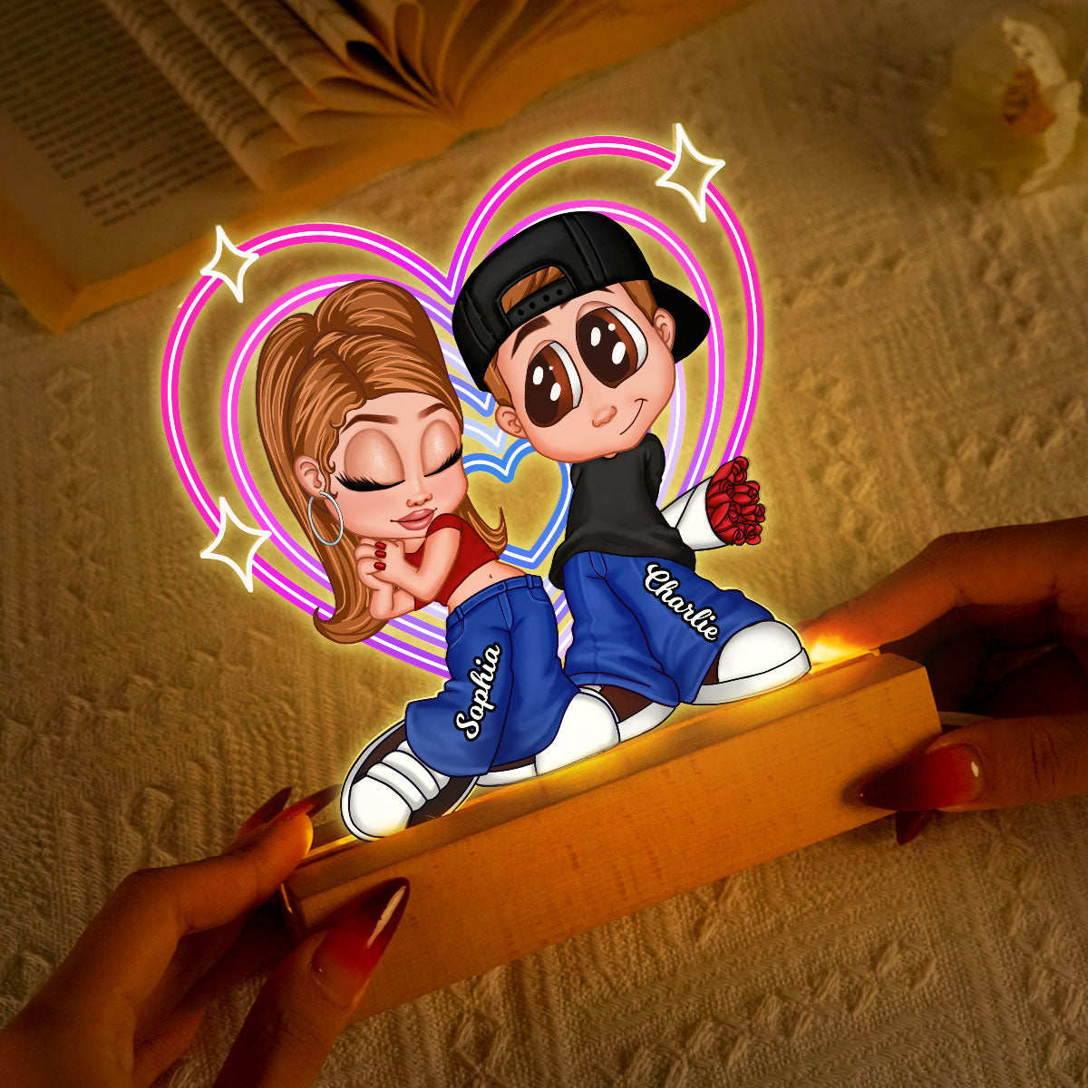 Y2K Couple Retro Heart Personalized Acrylic LED Night Light, Unique Valentine's Day Gift For Him, Gift For Her