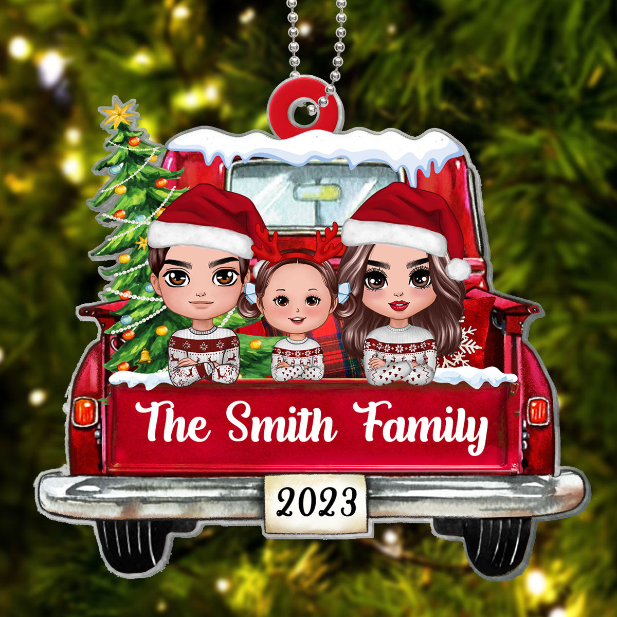 On Christmas Truck Family Dad Mom Kids Dogs Cats Personalized Acrylic Ornament