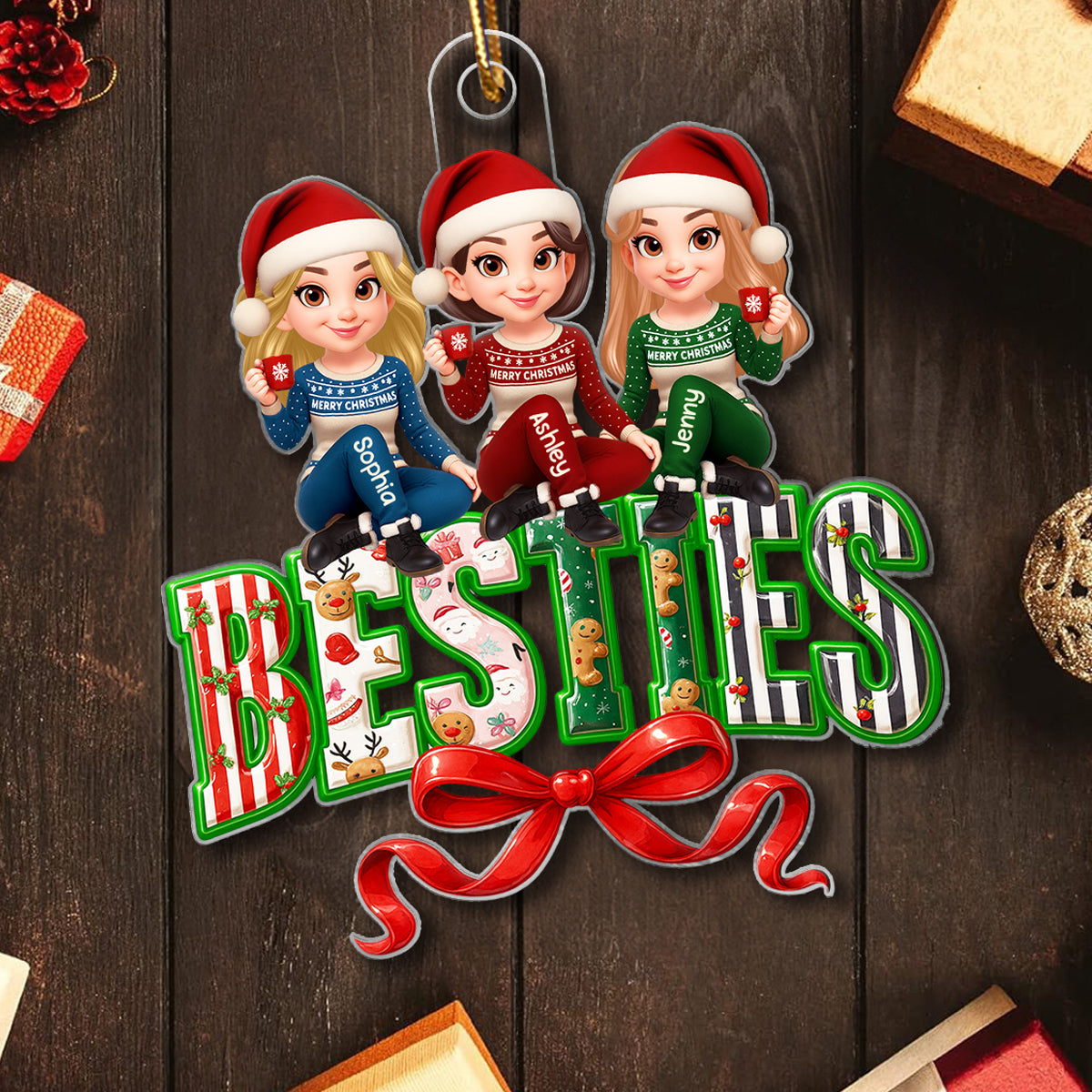 Besties Sisters Sitting on Text Personalized Acrylic Ornament, Christmas Gift for Best Friends, Sisters