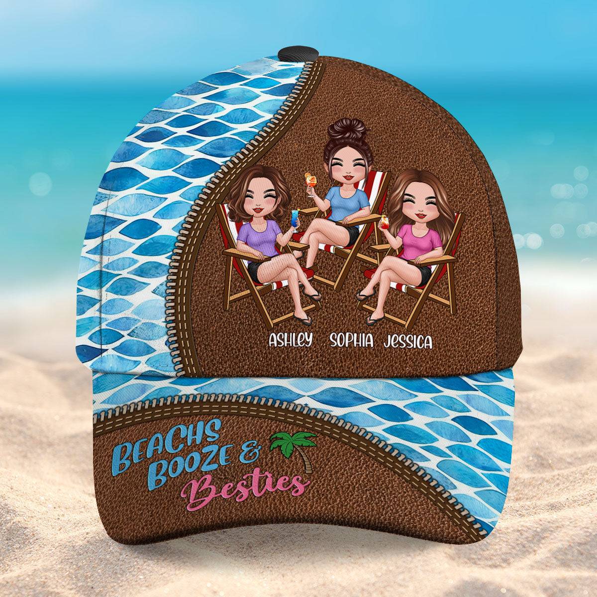 Beach Booze And Besties Personalized Classic Cap, Summer Gift For Besties