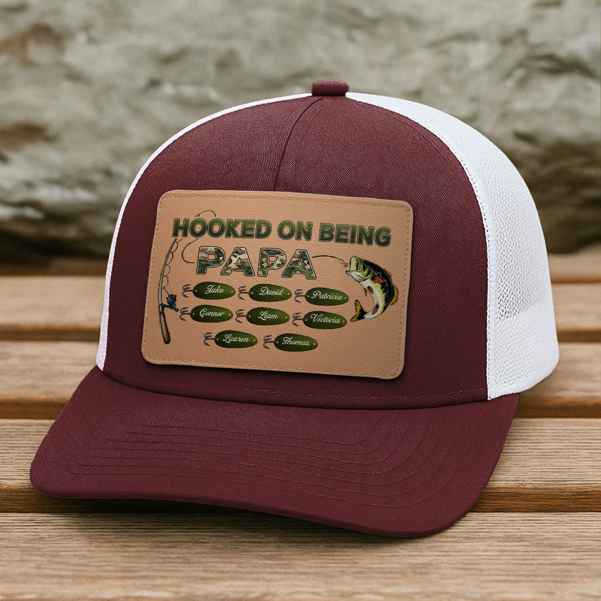 Hooked On Being Grandpa Papa Fishing Camouflage Personalized Leather Patch Hat, Father's Day gift