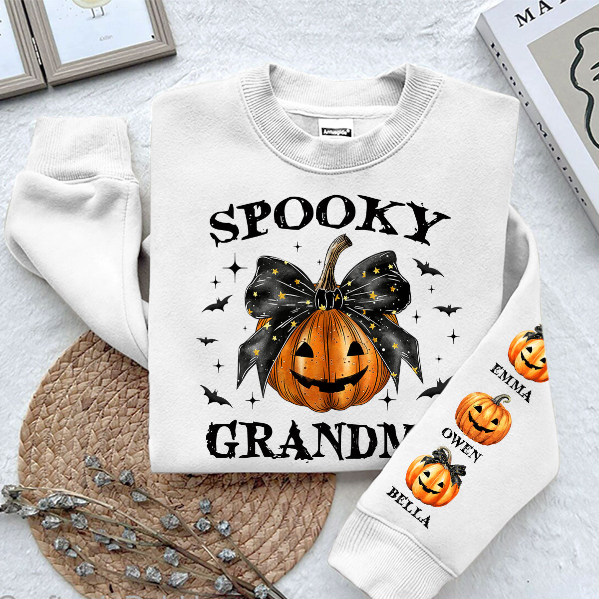 Spooky Grandma Mom Halloween Pumpkin Personalized Sleeve Printed Sweatshirt