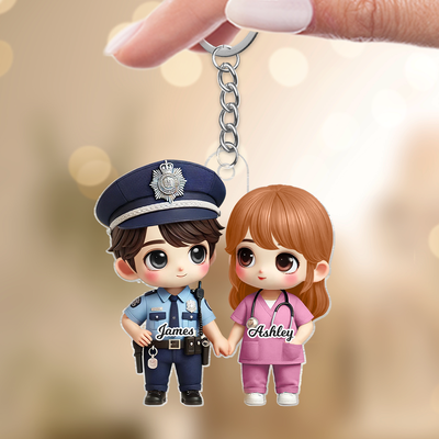 3D Effect Cute Cartoon Couple Gift by Occupation Gift For Her Gift For Him Personalized Acrylic Keychain, Anniversary Gift For Couple
