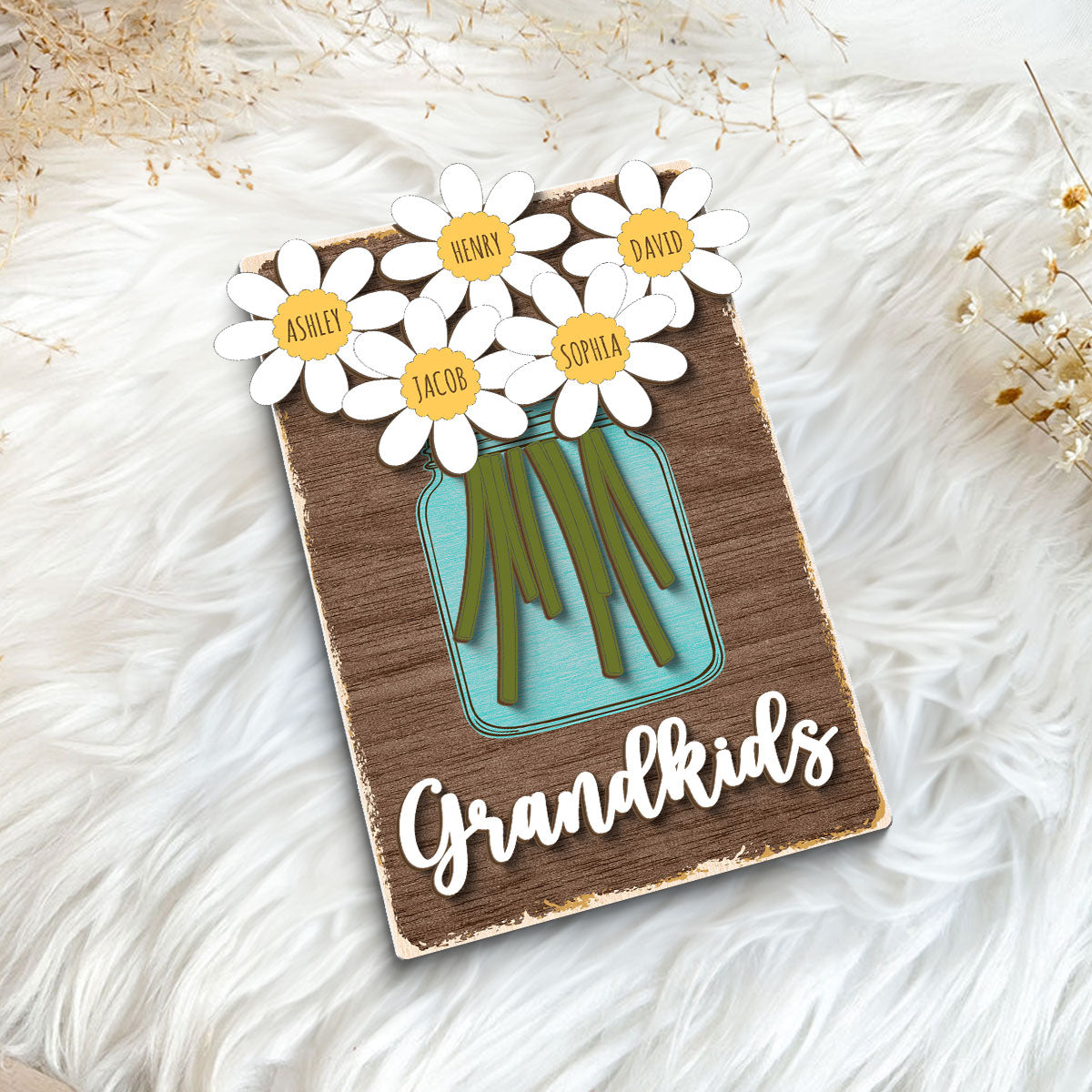 Grandkids Daisy Flowers Names Personalized 2-layer Wooden Plaque