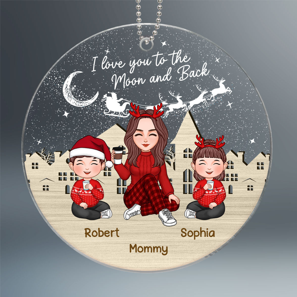 Love To The Moon Grandma Grandkids Sitting In The Snow Night Personalized Acrylic Keychain