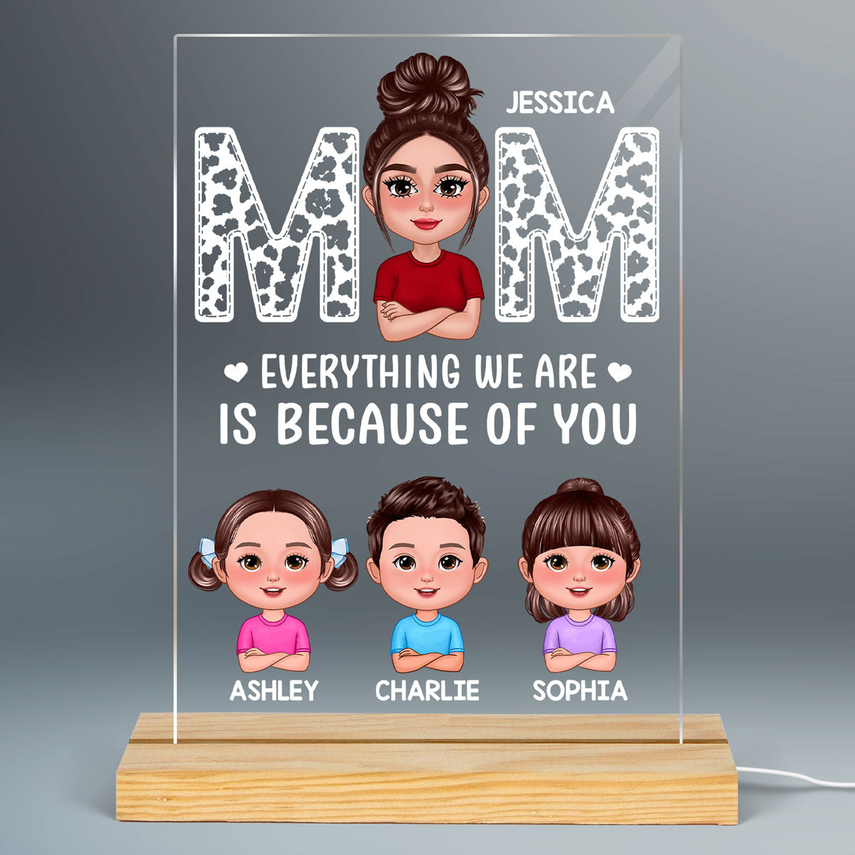 Pretty Doll Mom And Kids Leopard Personalized Rectangle Acrylic LED Night Light