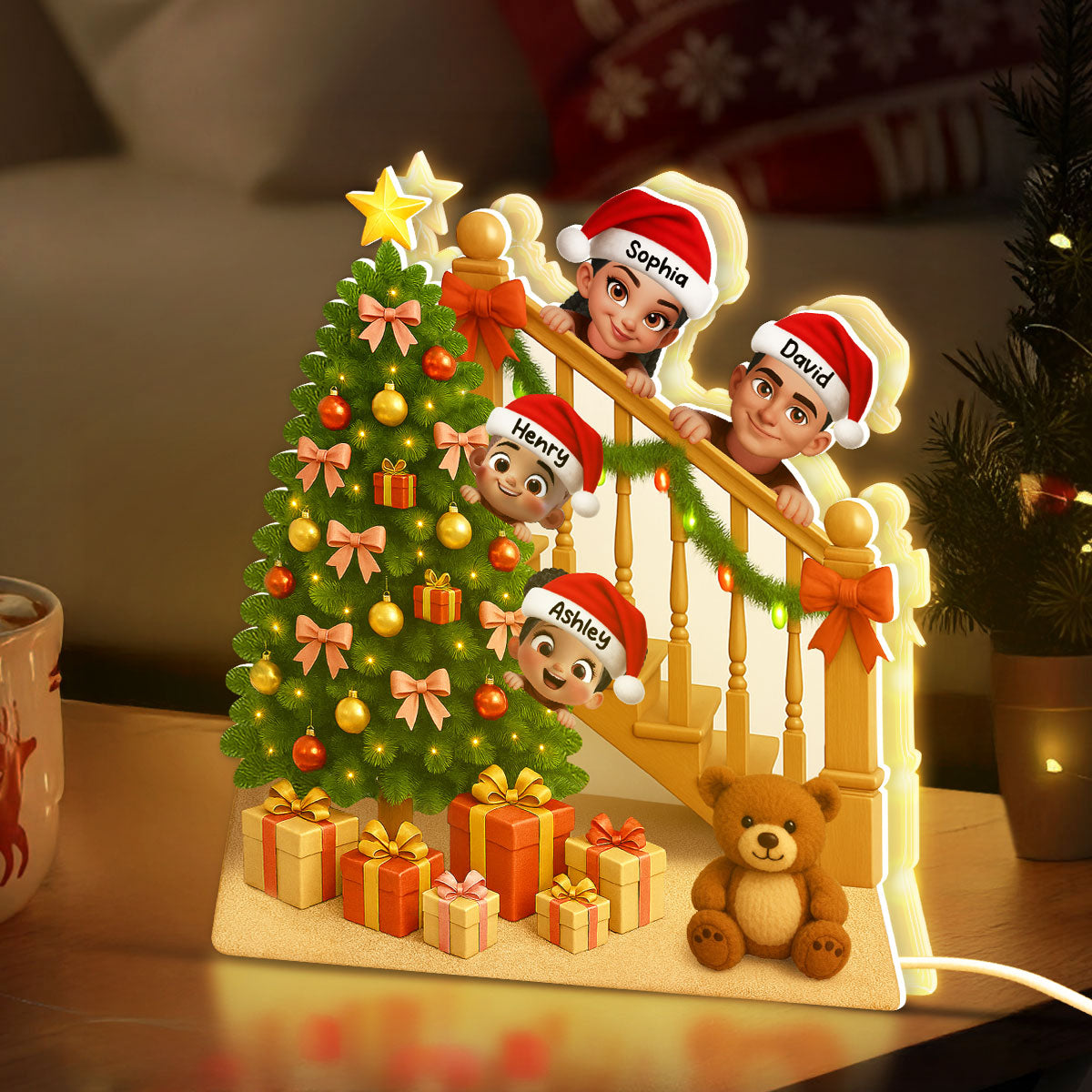 Peeking Family Christmas Tree And Stair Personalized LED Light Box