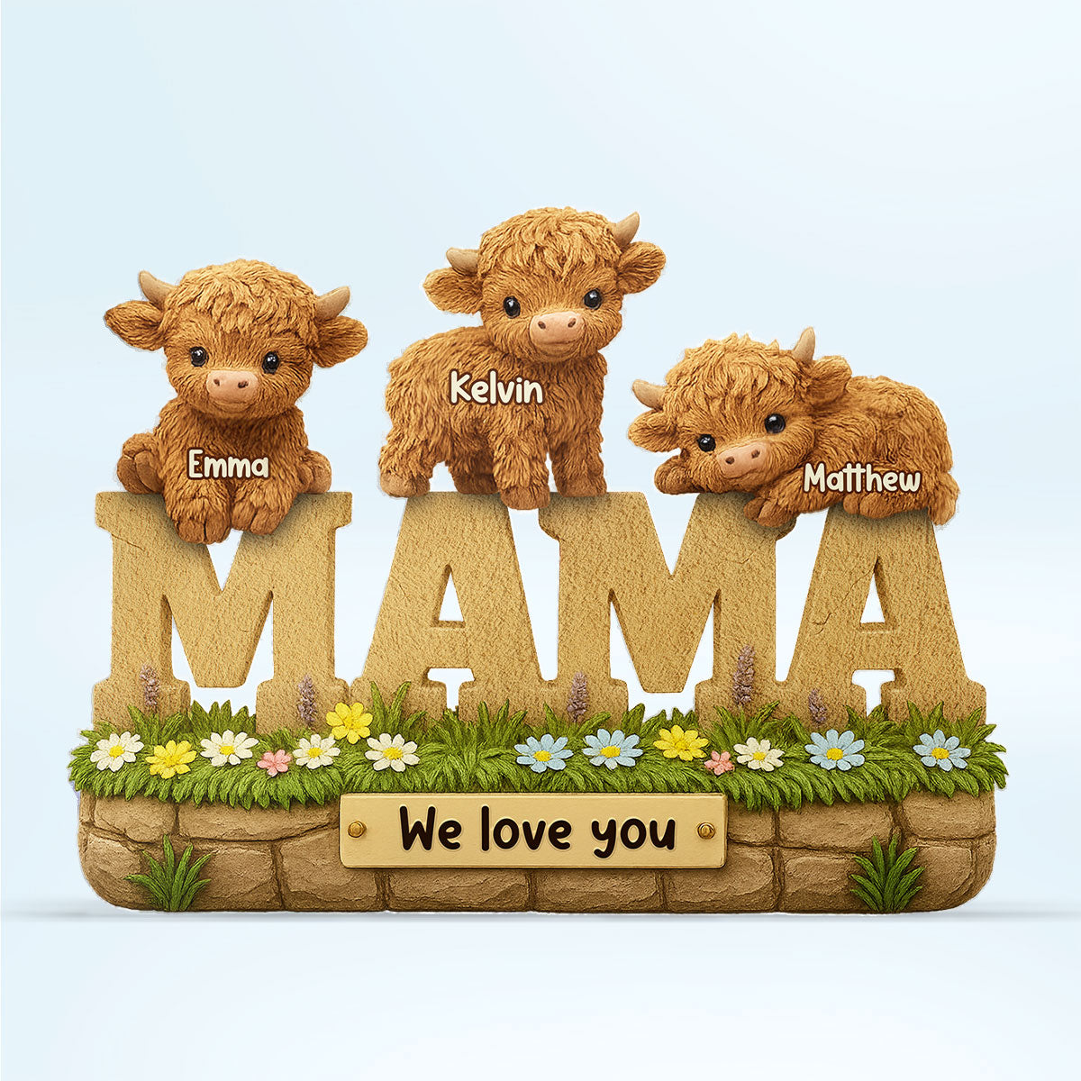 3D Effect Mama Cute Highland Cow Kids Names Personalized Flat Acrylic Block Plaque, Gift For Mom, Grandma