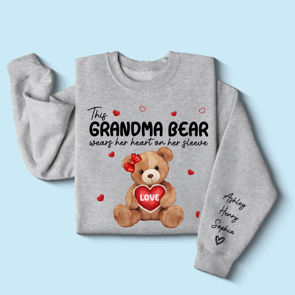 Grandma Mom Auntie Bear Wears Her Heart On Her Sleeve Personalized Sleeve Printed Sweatshirt