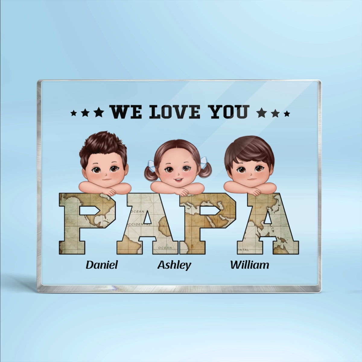 Grandpa Dad We Love You World Map Pattern Doll Kids On Hand Personalized Horizontal Rectangle Acrylic Block Plaque