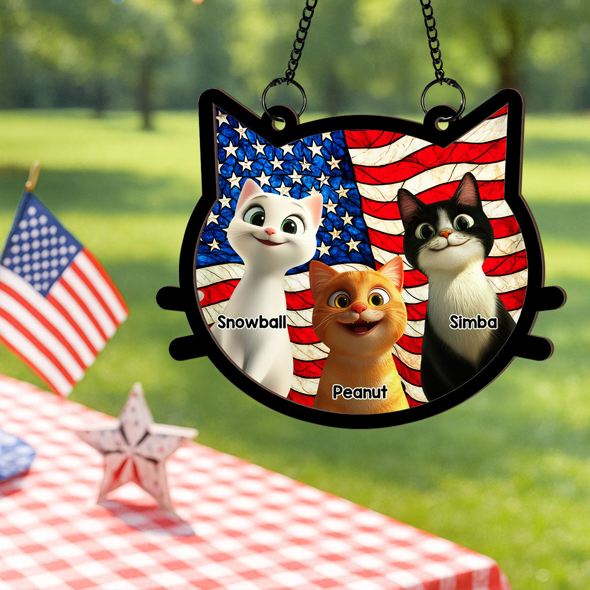 Cat Face Shape Nation Flag Personalized Suncatcher, 4th Of July Decoration