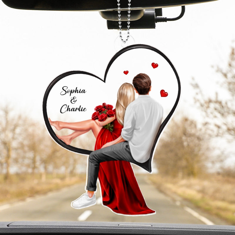 Couple Sitting On Heart Personalized Acrylic Car Hanger,  Gift, Anniversary Gift for Couples