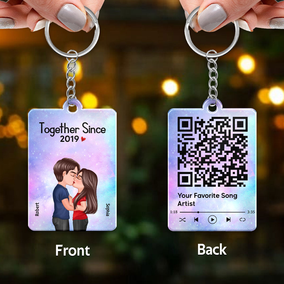 Doll Couple Kissing Together Since Favorite Song Scannable QR Code Personalized Acrylic Keychain