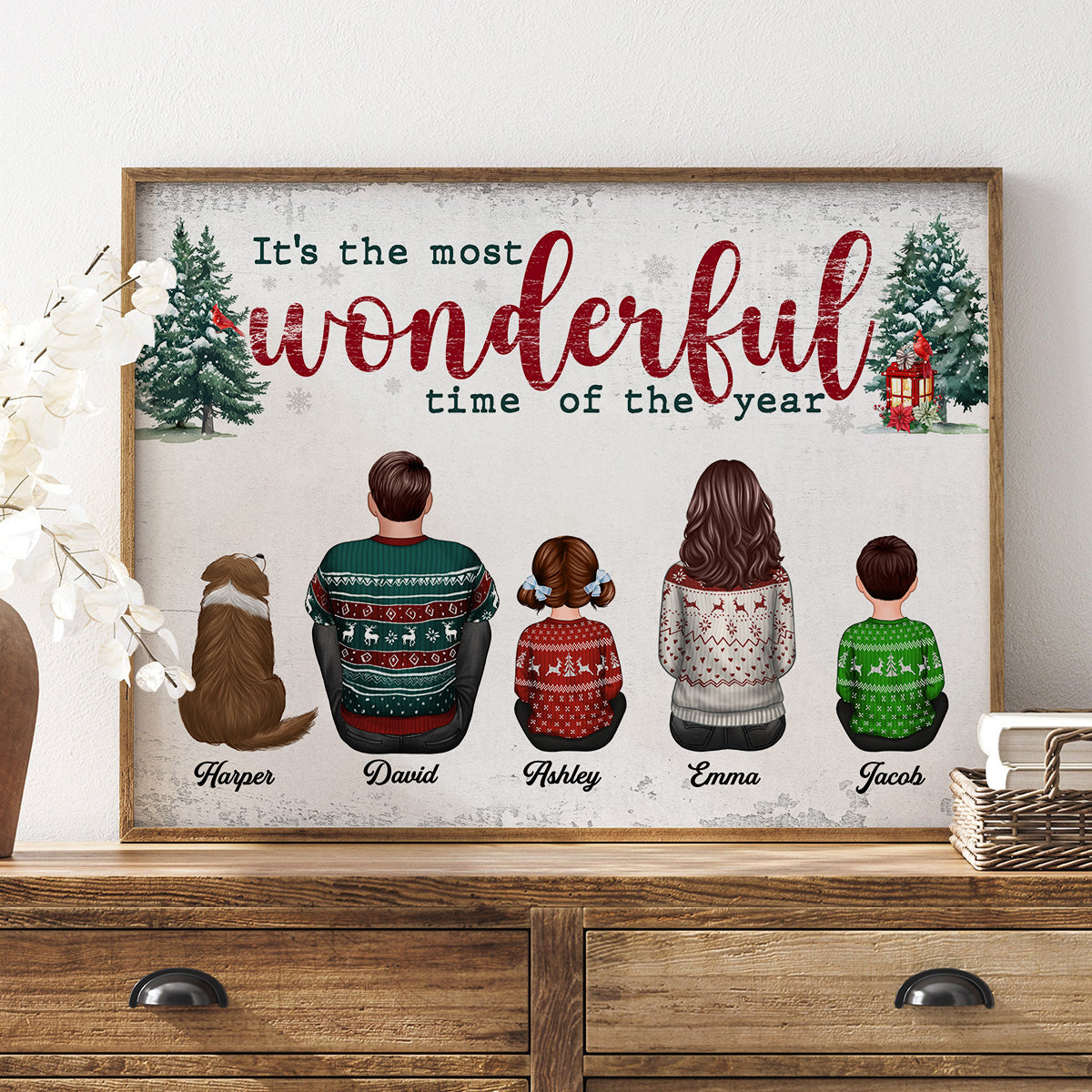 It's The Most Wonderful Time Of The Year Christmas Family Sitting Together Personalized Poster, Rustic Christmas Decoration