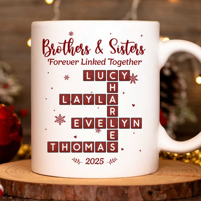 Festive Christmas Brothers Sisters Crossword Puzzle Art - Personalized Mug - Christmas Gift For Siblings, Brothers, Sisters
