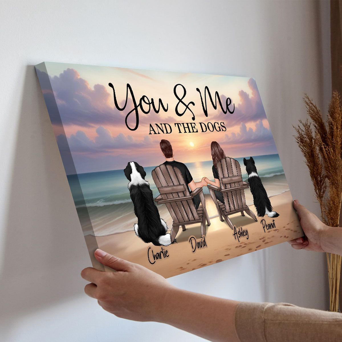 You Me And The Dogs Cats Couple Realistic Beach Landscape Personalized Canvas, Gift For Him, For Her