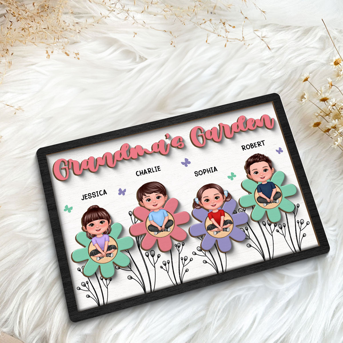 Grandma Mom Garden Crossed Legs Colorful Flowers Personalized 2-layer Wooden Plaque