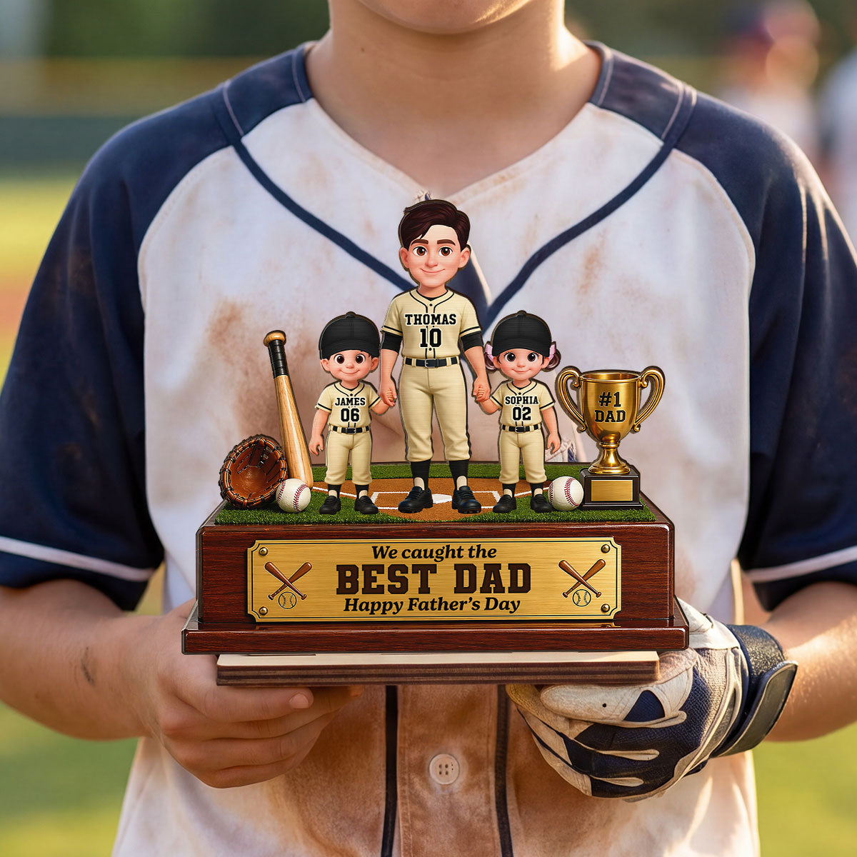 Baseball We Caught The Best Dad - Personalized 2-Layered Wooden Plaque - Father's Day Gift For Dad