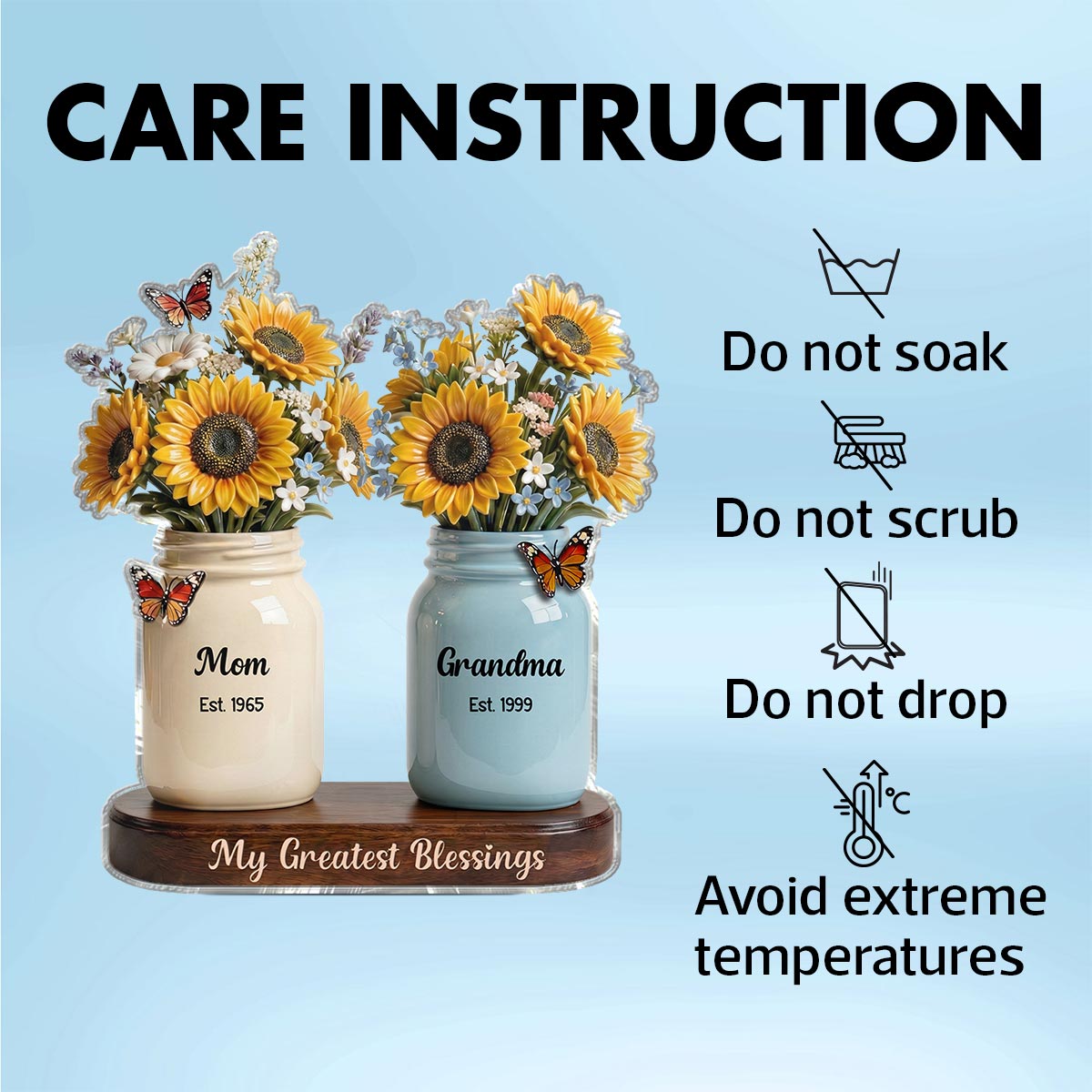 Mom Grandma Great Grandma Sunflowers Jars Est. Years 2D Flat - Personalized Acrylic Block Plaque