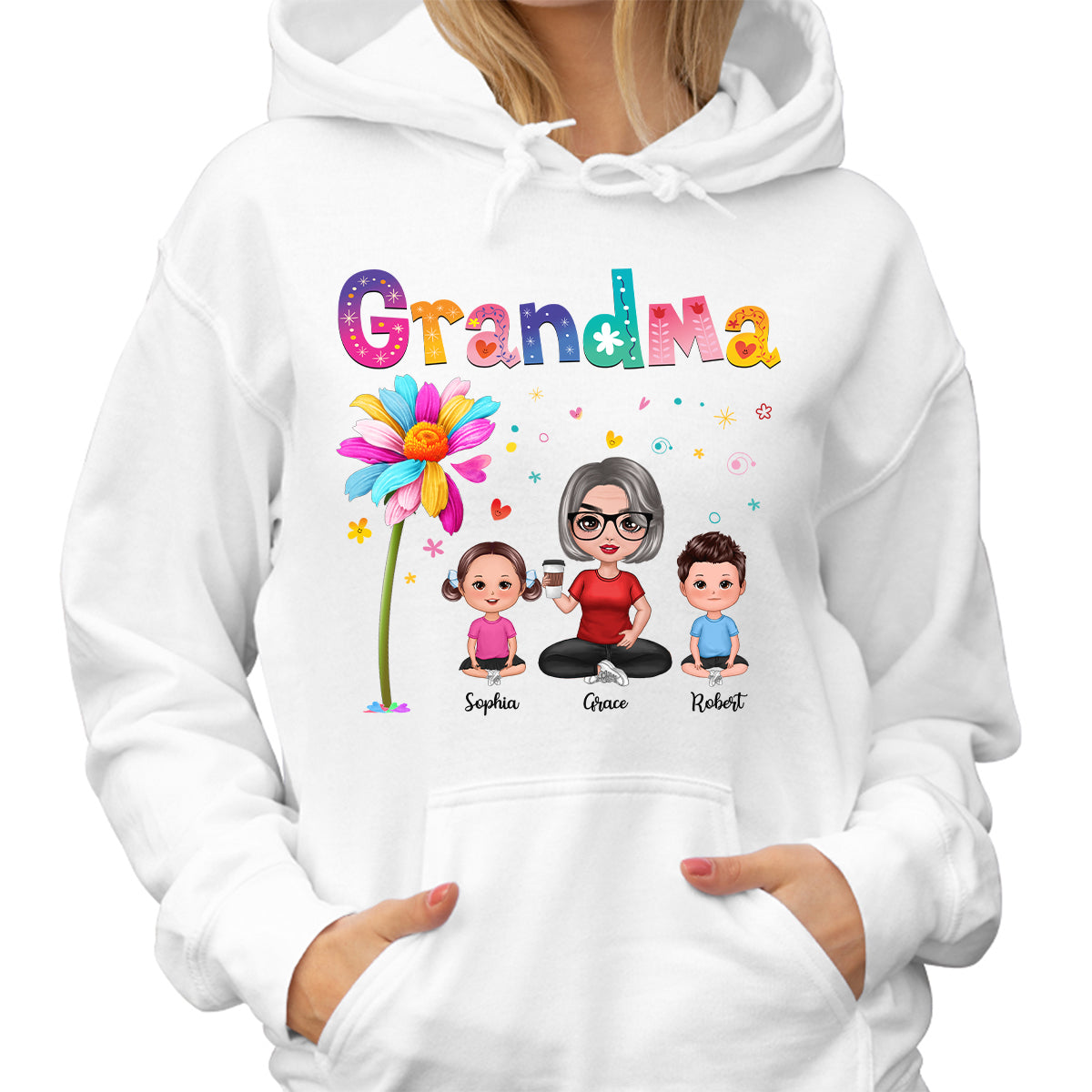 Colorful Floral Pattern Grandma With Grandkids Sitting Personalized Shirt