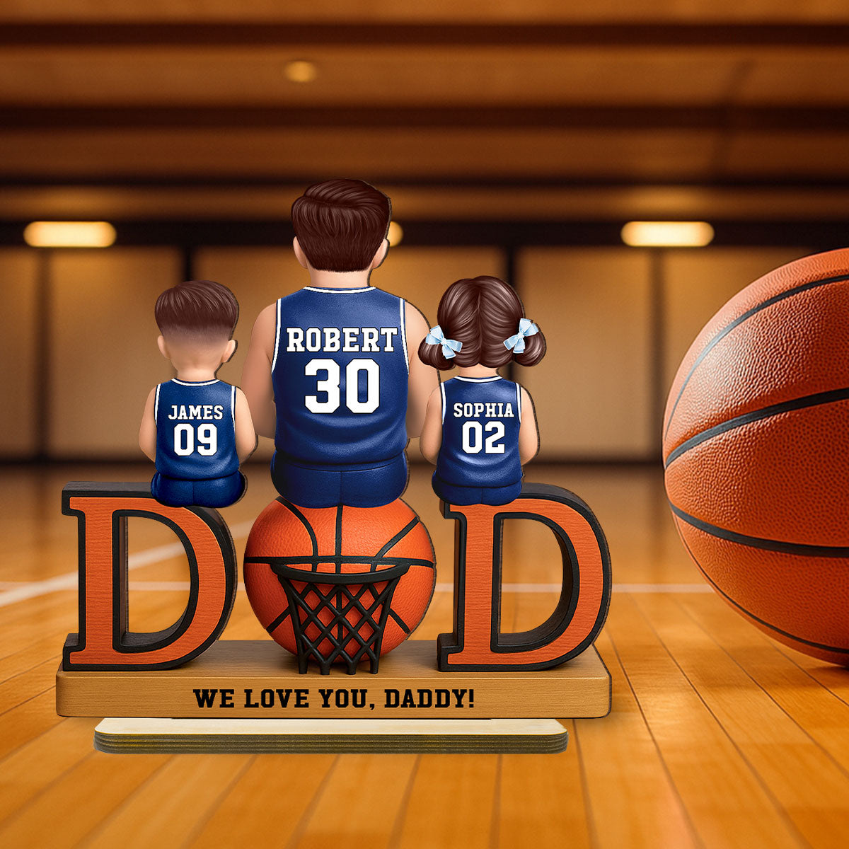 Basketball Dad And Kids Sitting Personalized 2-Layer Standing Wooden Plaque, Father's Day Gift for Dads