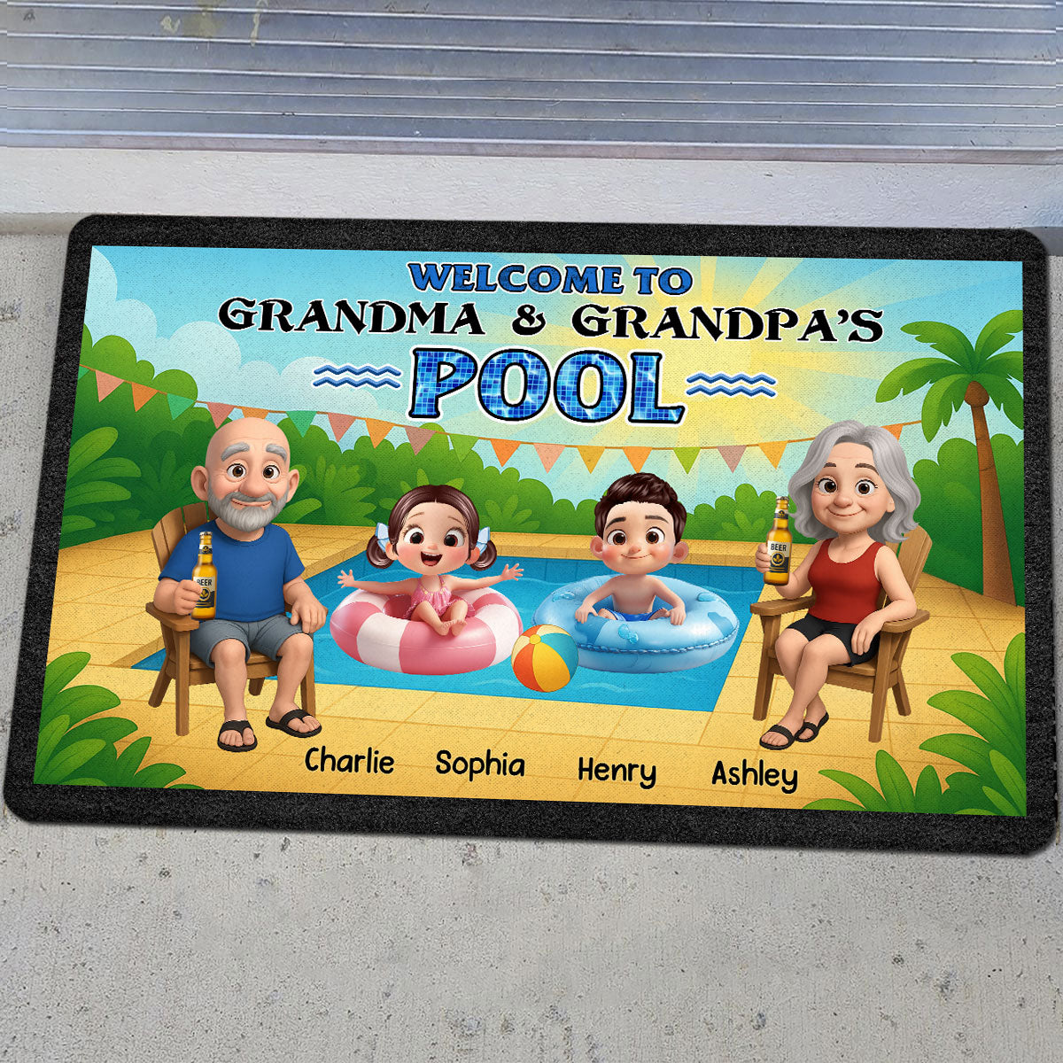 Welcome to Grandparents Pool Personalized Non-Slip Doormat, Entryway Front Porch Farmhouse Summer Grandkids Welcome Mat