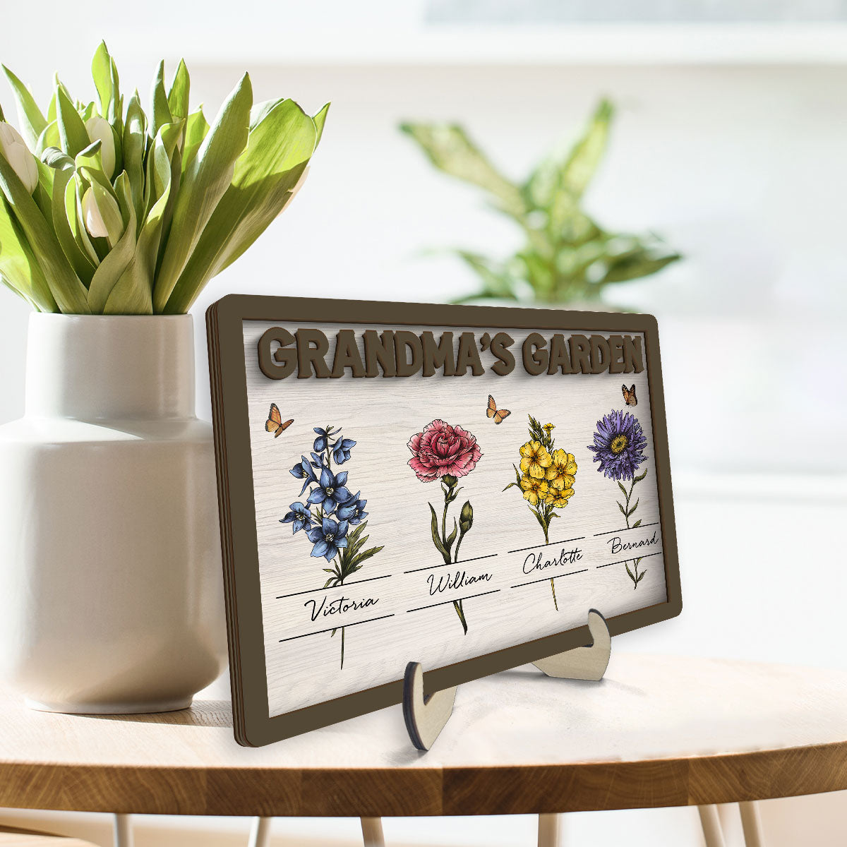 Gift For Grandma Grandma‘s Garden Beautiful Vintage Birth Month Flower With Names Personalized 2-Layer Wooden Plaque
