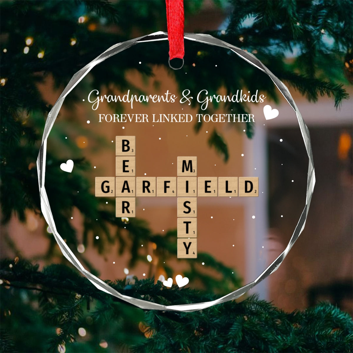 Grandpa Grandma Grandparents And Grandkids Forever Linked Together Crossword Puzzle Art Personalized Glass Ornament