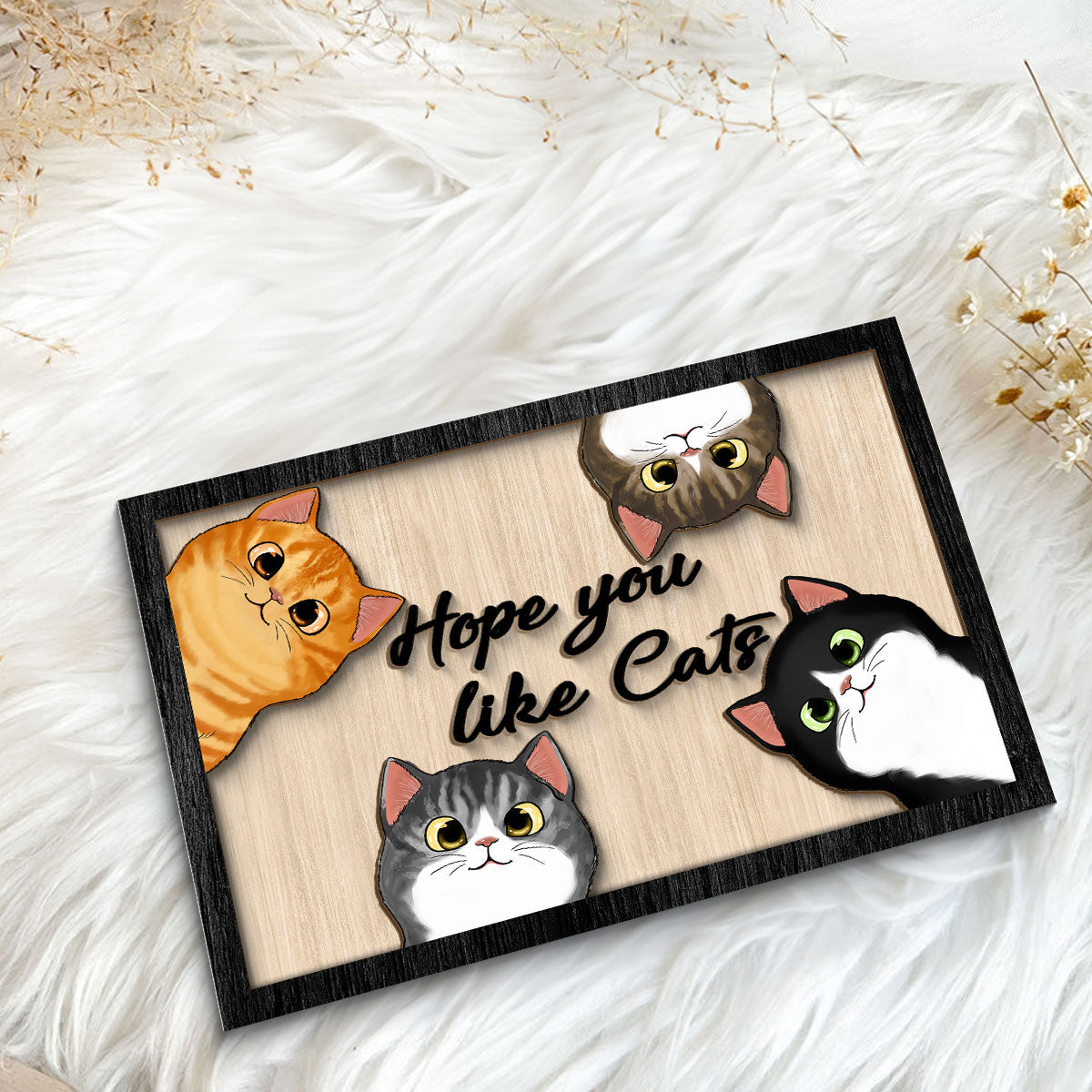 Hope You Like Cats Peeking Fluffy Cats Personalized 2-Layer Wooden Plaque