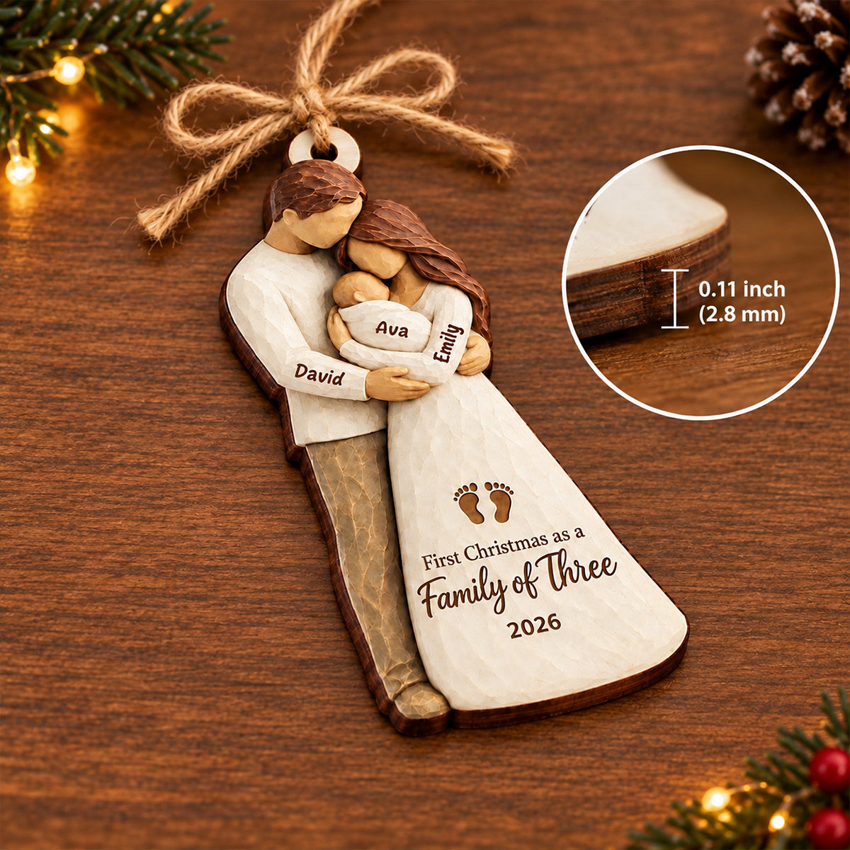 Family Of Three Standing 2D Flat Printed - Personalized Wooden Ornament - First Christmas Keepsake For New Parents