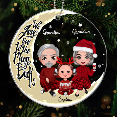 Grandpa Grandma Grandparents & Grandkid On Yellow Moon Personalized Acrylic Ornament