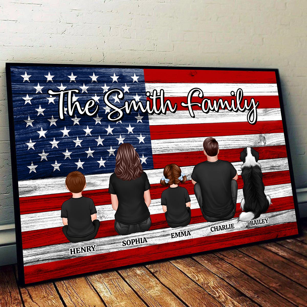 Nation Flag Family Dad Mom Kids Dogs Cats Personalized Poster, Gift For Proud American Dad, Husband, Grandpa