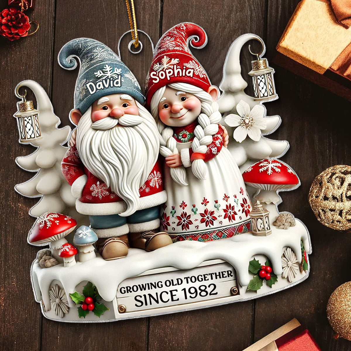 3D Effect Gnome Couple Together Christmas - Personalized Acrylic Ornament - Gift for Him, Gift for Her