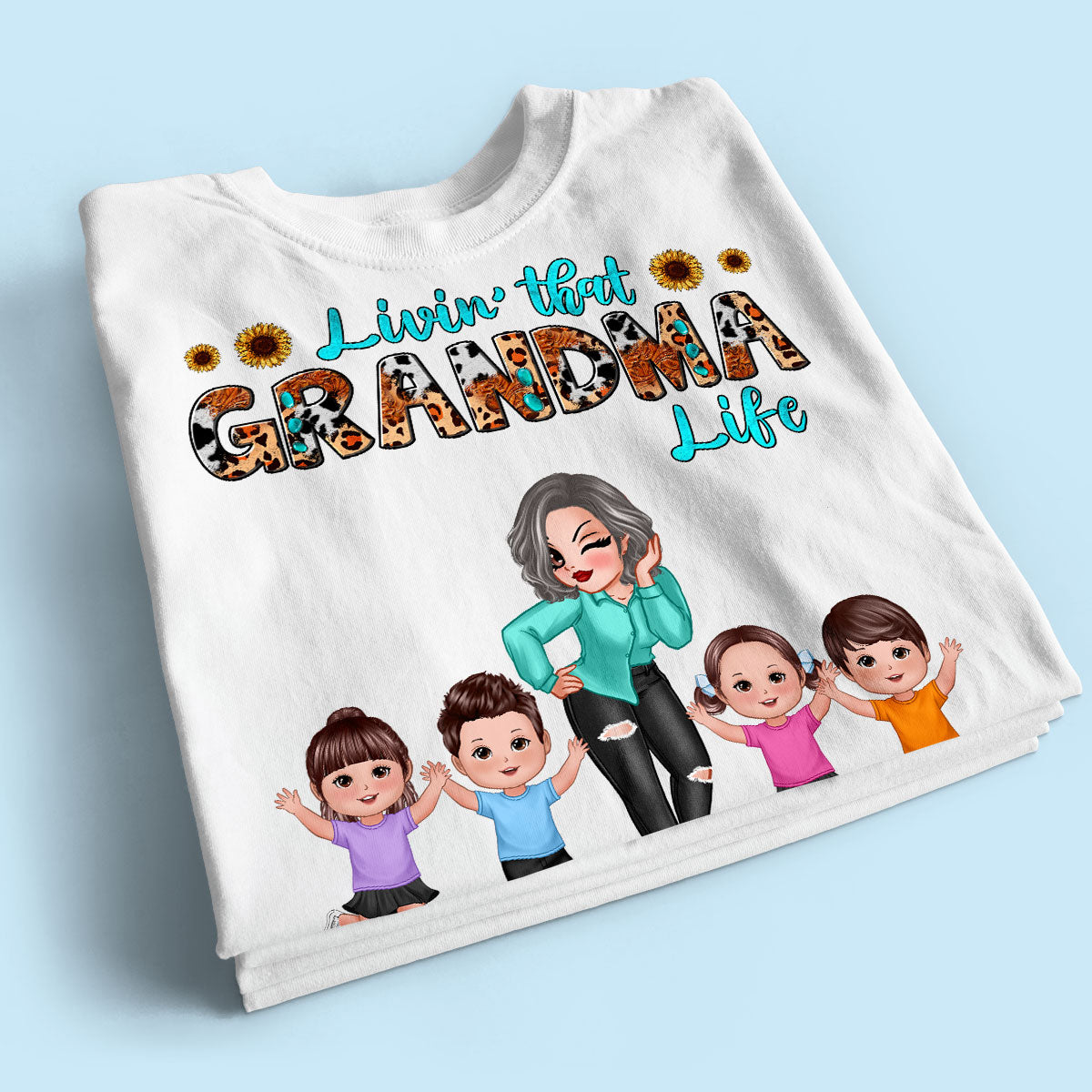 Teal And Leopard Livin‘ That Grandma Mom Life Personalized Shirt